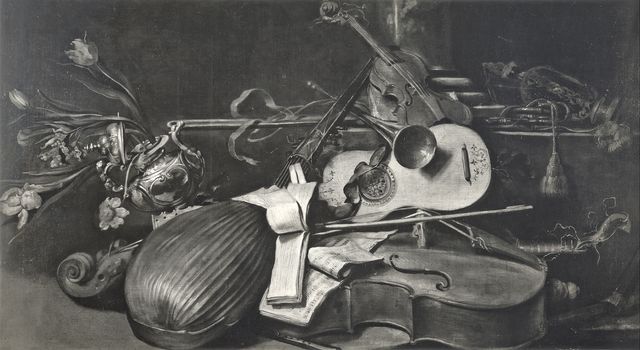 Anonimo — Anonimo genovese sec. XVII/ XVIII - Natura morta con strumenti musicali e vaso di fiori — insieme